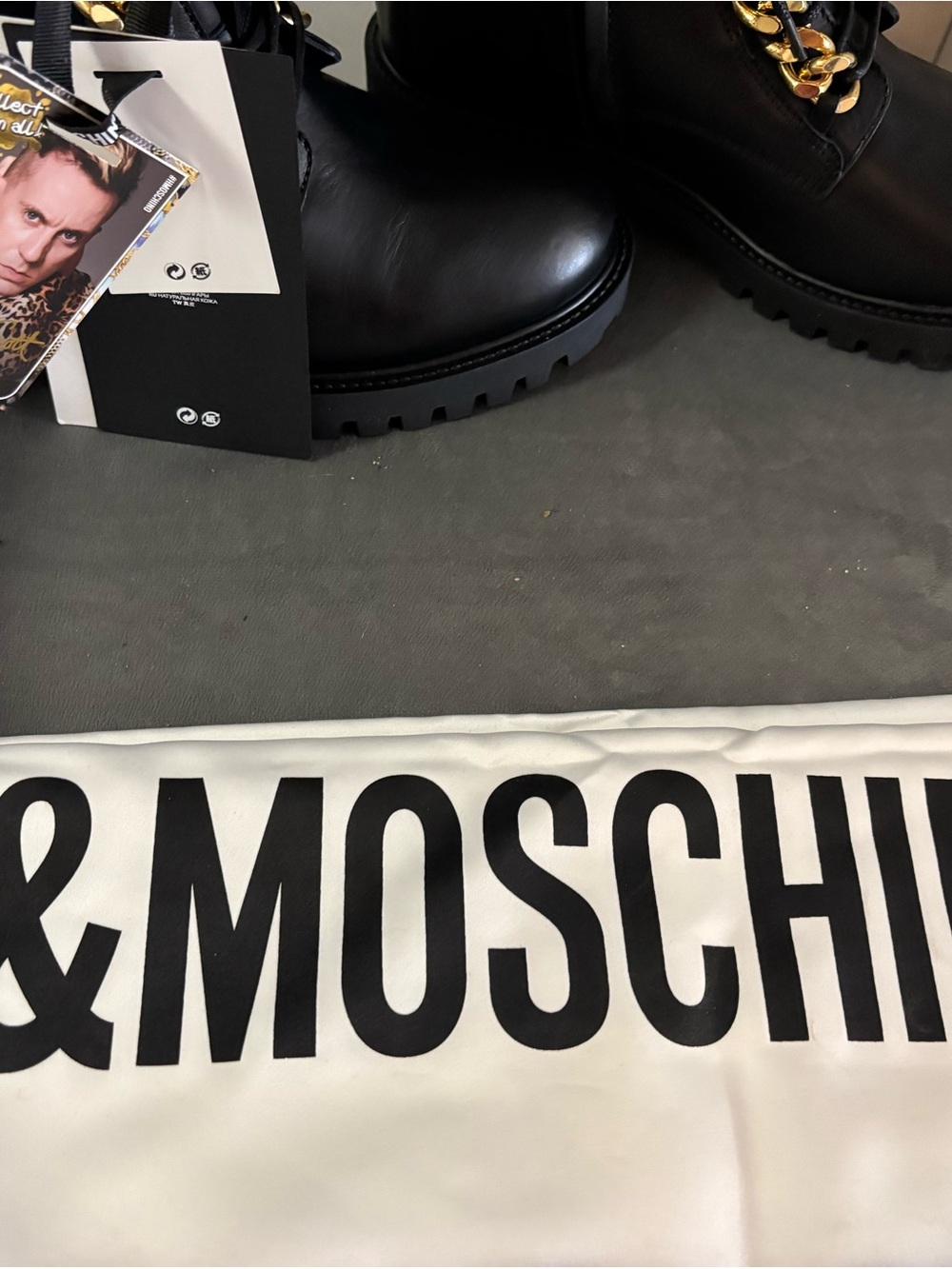 Moschino Black Leather Lace-Up Boots with Gold Chain Trim - Picture 10 of 10